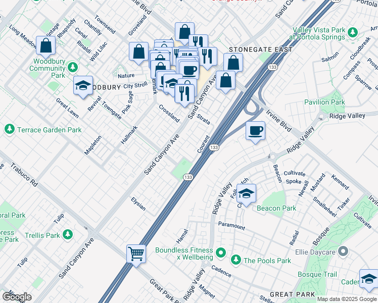 map of restaurants, bars, coffee shops, grocery stores, and more near 42 Bijou in Irvine