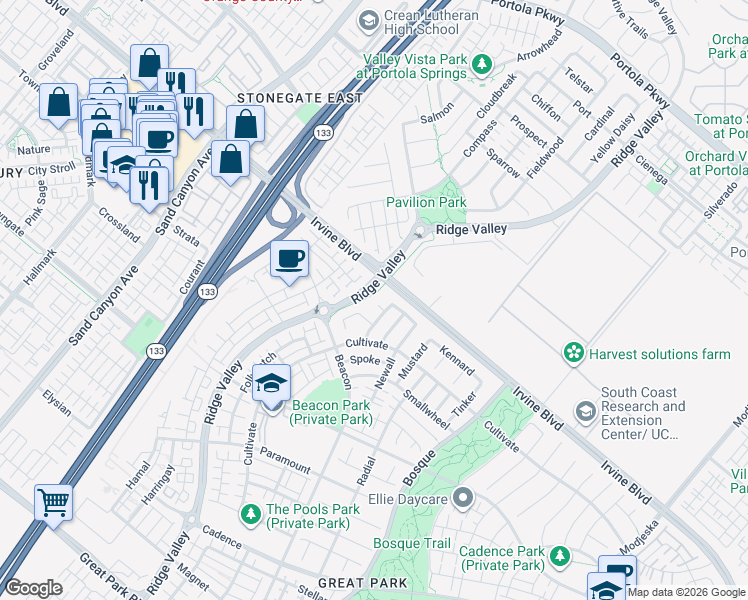 map of restaurants, bars, coffee shops, grocery stores, and more near 101 Prone in Irvine