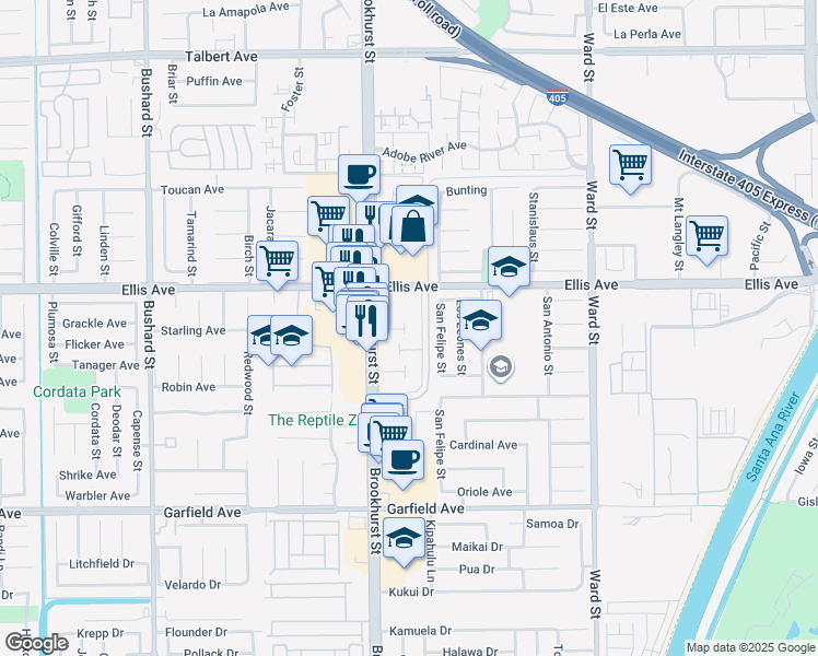 map of restaurants, bars, coffee shops, grocery stores, and more near 18569 San Marcos Street in Fountain Valley