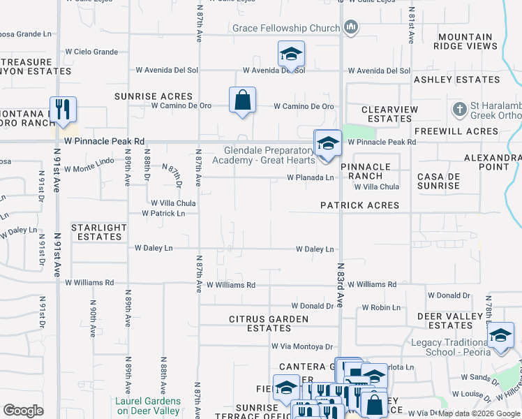 map of restaurants, bars, coffee shops, grocery stores, and more near 22019 North 85th Drive in Peoria