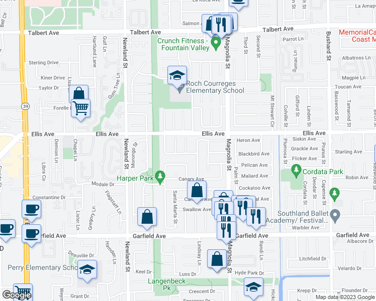map of restaurants, bars, coffee shops, grocery stores, and more near 8803 Hummingbird Avenue in Fountain Valley