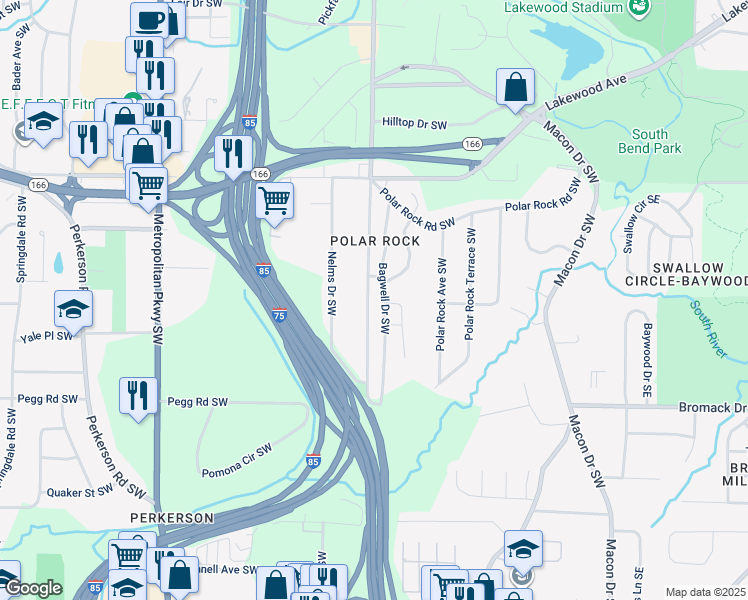 map of restaurants, bars, coffee shops, grocery stores, and more near 2256 Pryor Road Southwest in Atlanta