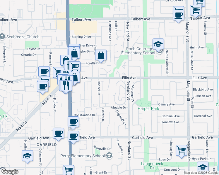map of restaurants, bars, coffee shops, grocery stores, and more near 18576 Vallarta Drive in Huntington Beach