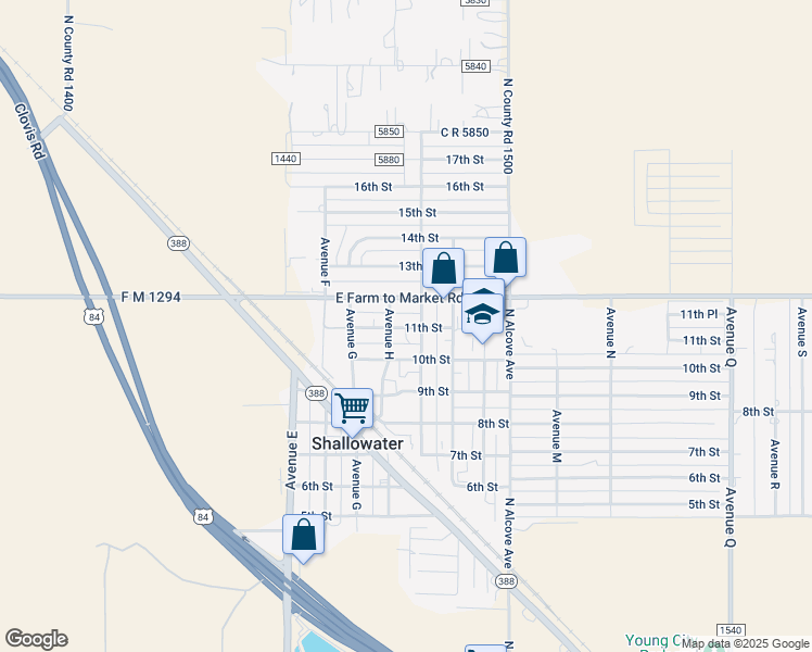 map of restaurants, bars, coffee shops, grocery stores, and more near 1101-1111 Avenue H in Shallowater
