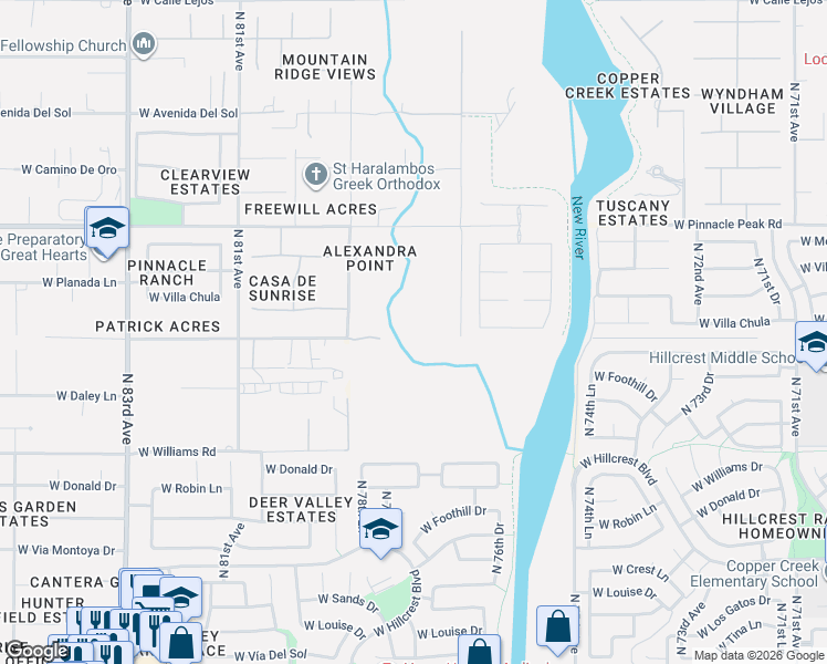 map of restaurants, bars, coffee shops, grocery stores, and more near 7800 West Patrick Lane in Peoria