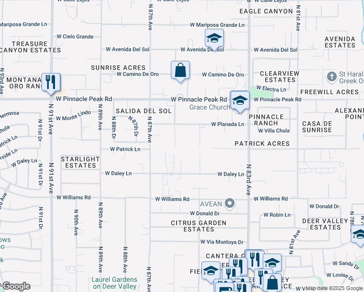 map of restaurants, bars, coffee shops, grocery stores, and more near 23007 North 86th Avenue in Peoria