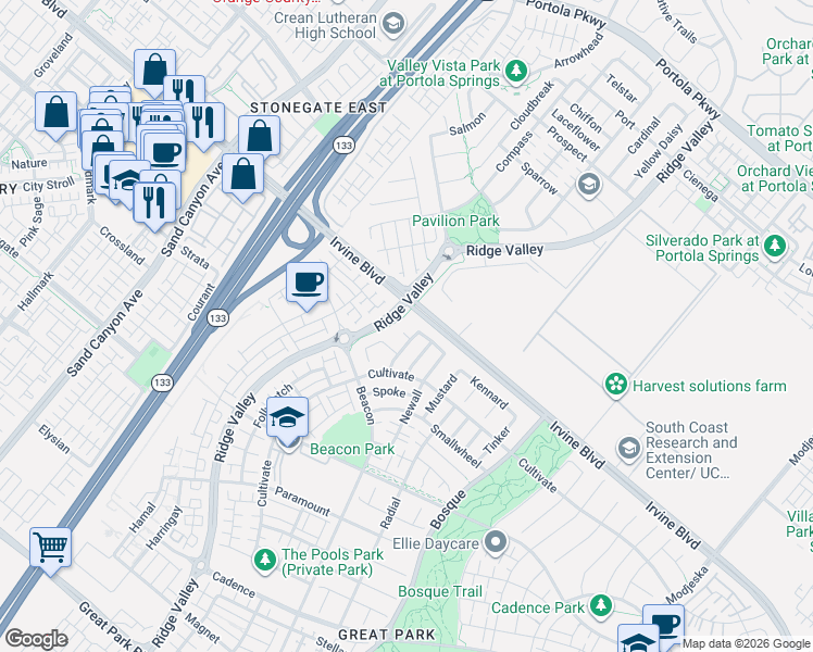map of restaurants, bars, coffee shops, grocery stores, and more near 101 Prone in Irvine