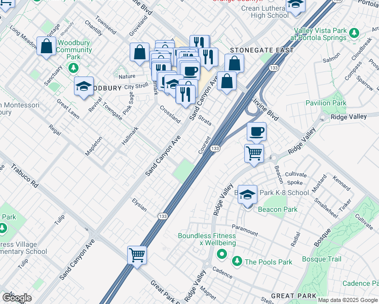 map of restaurants, bars, coffee shops, grocery stores, and more near 42 Bijou in Irvine
