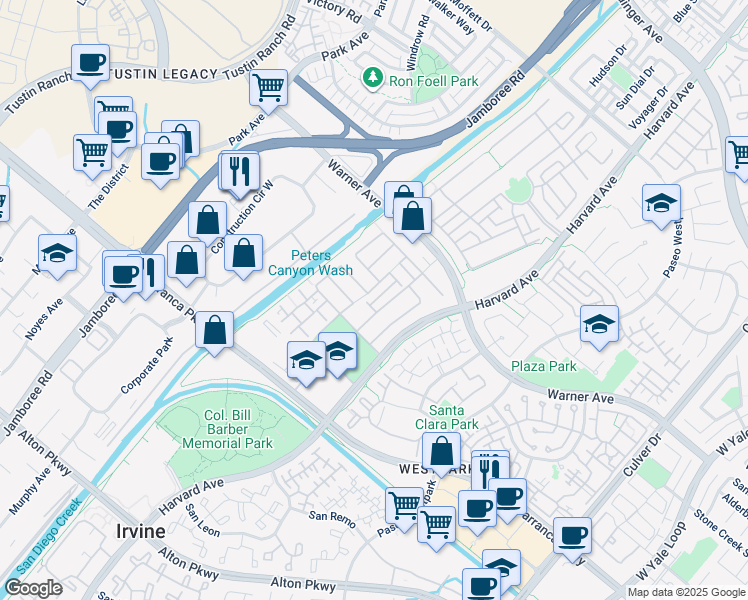 map of restaurants, bars, coffee shops, grocery stores, and more near 51 Carter Court in Irvine