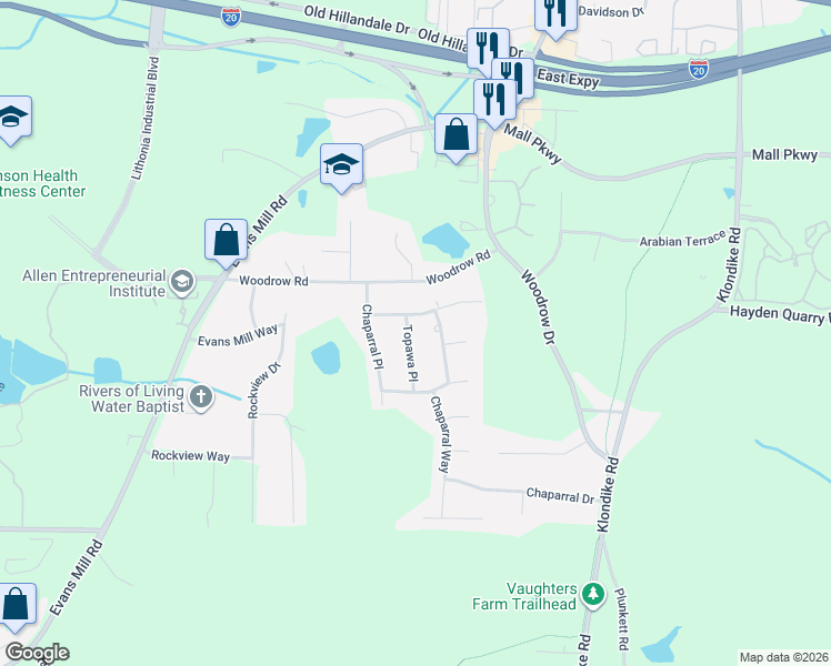 map of restaurants, bars, coffee shops, grocery stores, and more near 3111 Topawa Place in Stonecrest