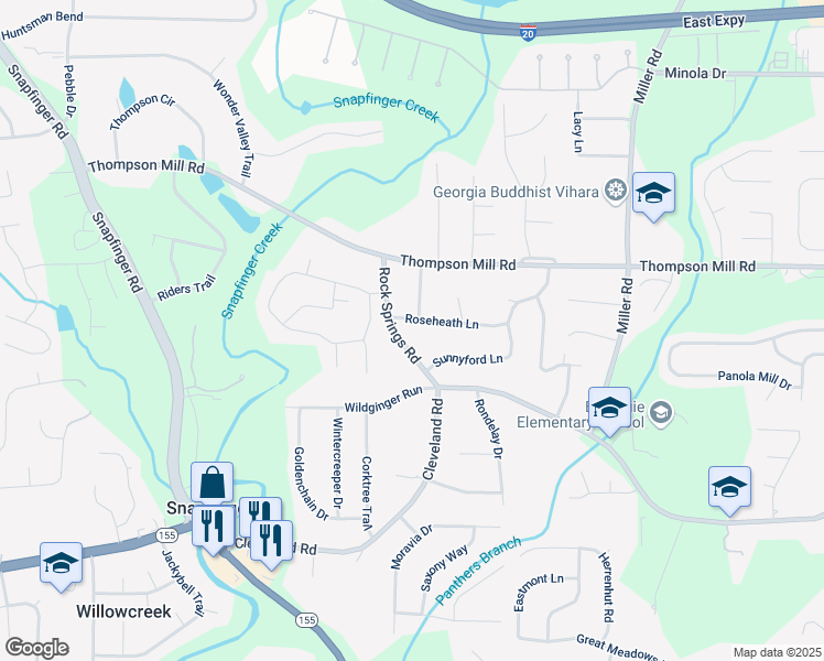 map of restaurants, bars, coffee shops, grocery stores, and more near 3210 Roseheath Lane in Stonecrest