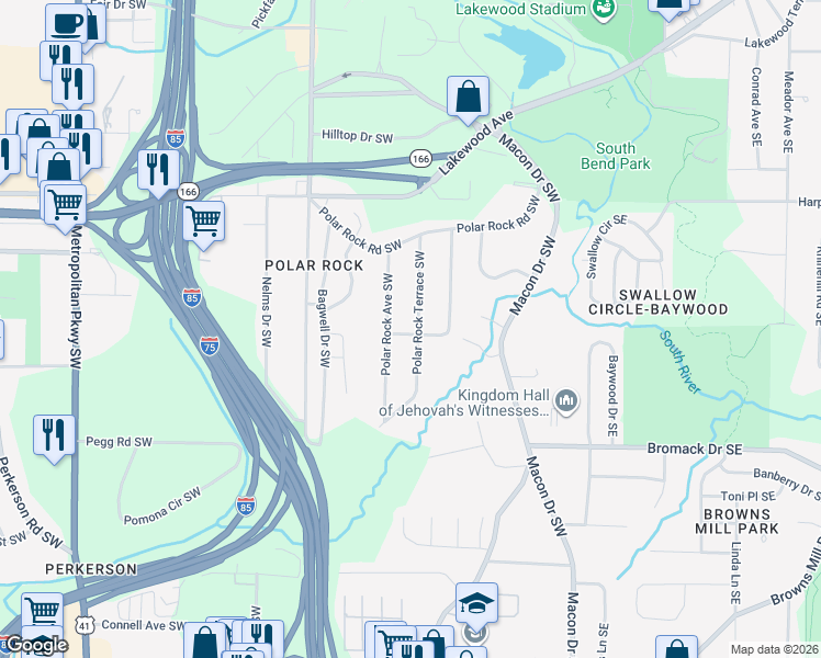 map of restaurants, bars, coffee shops, grocery stores, and more near 2252 Polar Rock Terrace Southwest in Atlanta