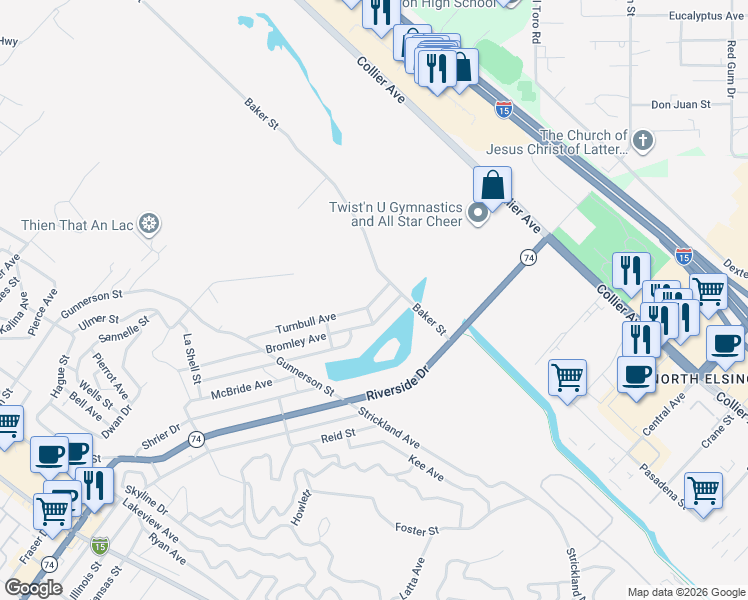 map of restaurants, bars, coffee shops, grocery stores, and more near Bunker Street in Lake Elsinore