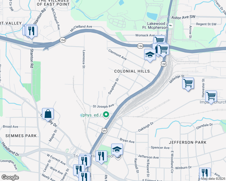 map of restaurants, bars, coffee shops, grocery stores, and more near 2276 Dauphine Street in East Point