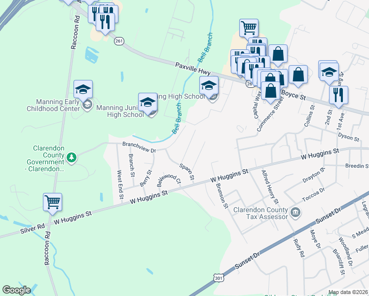 map of restaurants, bars, coffee shops, grocery stores, and more near 723 Barnwell Street in Manning