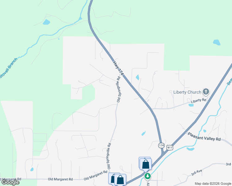 map of restaurants, bars, coffee shops, grocery stores, and more near 965 Old Springville Road in Odenville