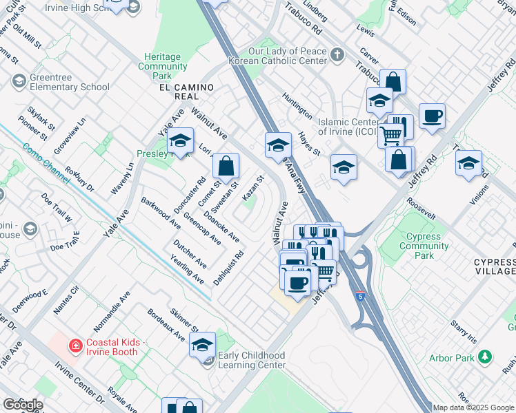 map of restaurants, bars, coffee shops, grocery stores, and more near 41 Golden Glen Street in Irvine