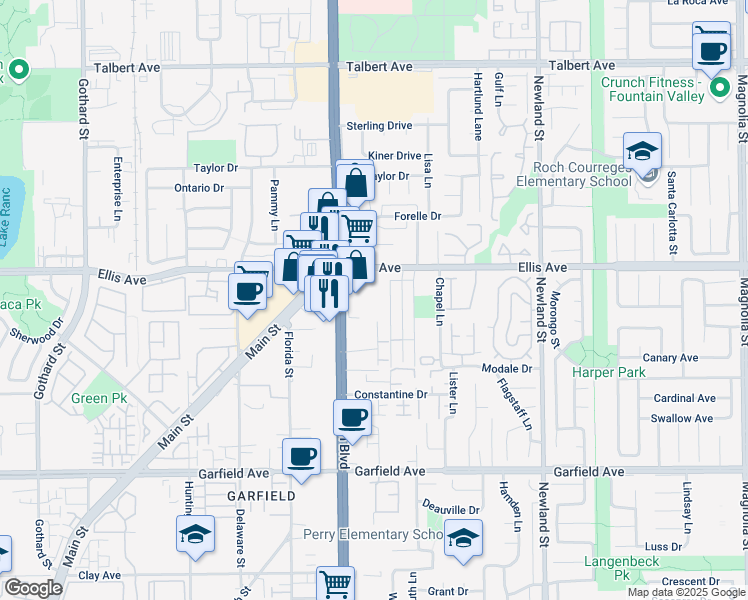 map of restaurants, bars, coffee shops, grocery stores, and more near 8102 Ellis Avenue in Huntington Beach