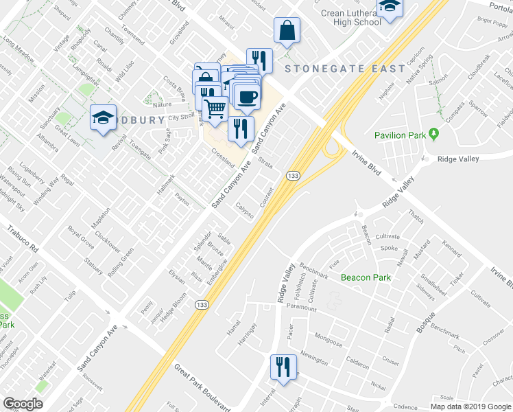 map of restaurants, bars, coffee shops, grocery stores, and more near 41 Courant in Irvine