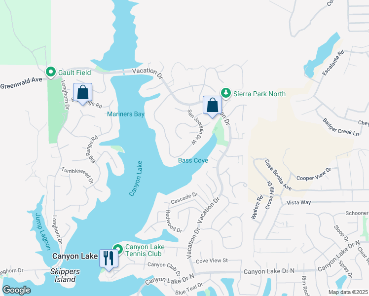 map of restaurants, bars, coffee shops, grocery stores, and more near 22161 San Joaquin Drive West in Canyon Lake