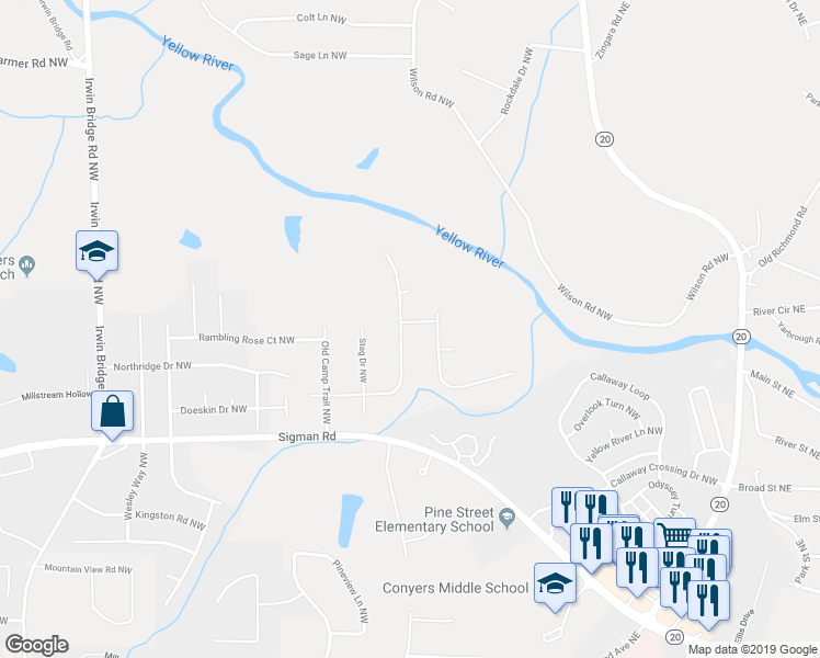 map of restaurants, bars, coffee shops, grocery stores, and more near 1775 Little Fawn Trail Northwest in Conyers