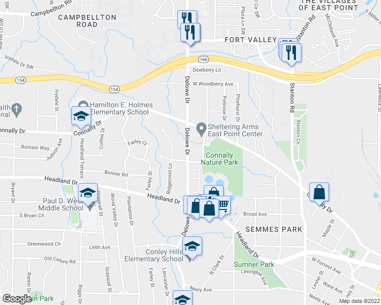 map of restaurants, bars, coffee shops, grocery stores, and more near 2288 Delowe Drive in East Point