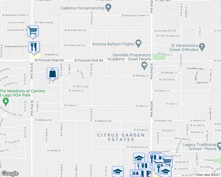 map of restaurants, bars, coffee shops, grocery stores, and more near 23007 North 86th Avenue in Peoria