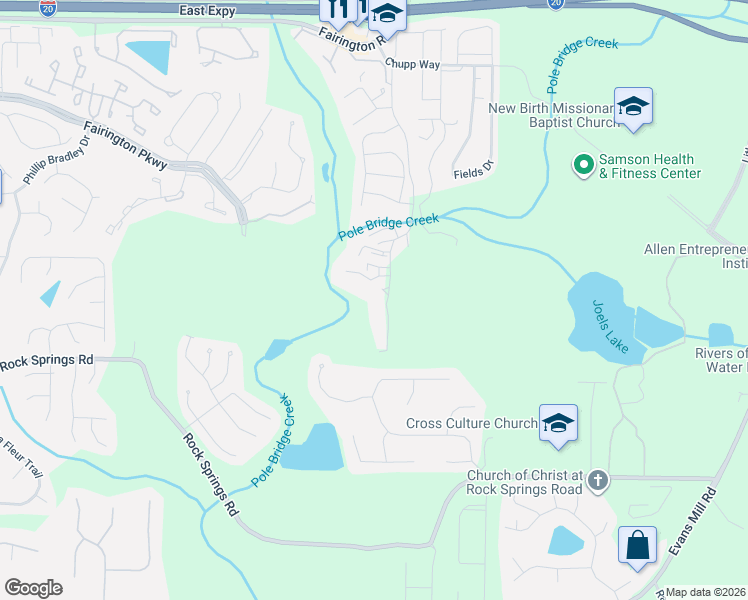 map of restaurants, bars, coffee shops, grocery stores, and more near 5203 Par 4 Way in Stonecrest