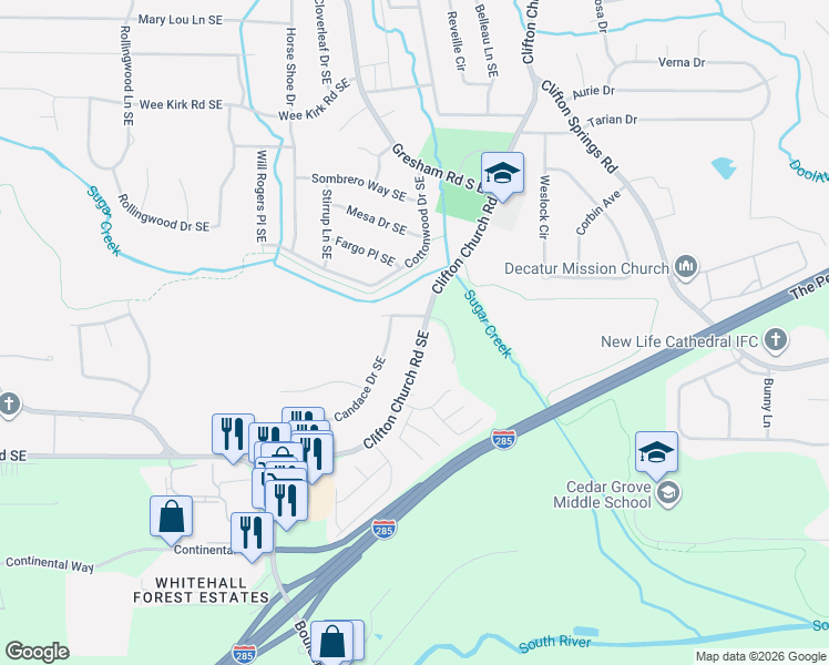 map of restaurants, bars, coffee shops, grocery stores, and more near 2058 Canaan Drive Southeast in Atlanta