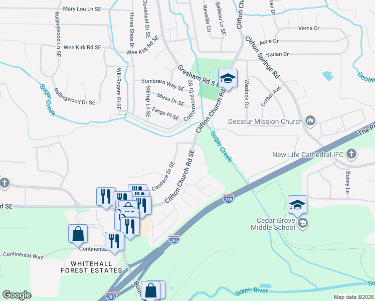 map of restaurants, bars, coffee shops, grocery stores, and more near 2058 Canaan Drive Southeast in Atlanta