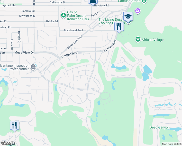 map of restaurants, bars, coffee shops, grocery stores, and more near 48915 Mariposa Drive in Palm Desert