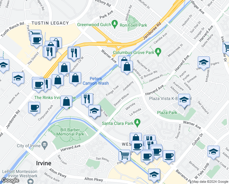 map of restaurants, bars, coffee shops, grocery stores, and more near 42 Fringe Tree in Irvine