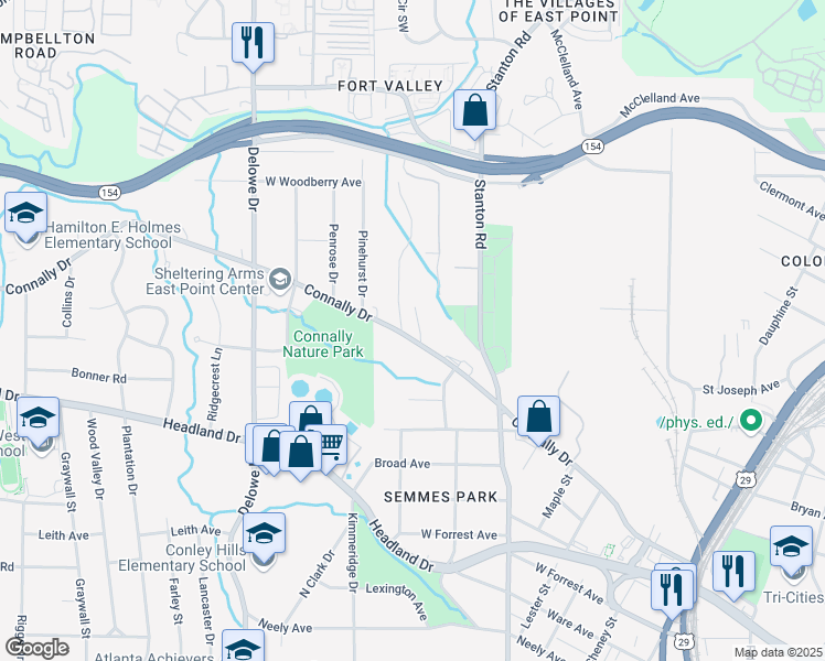 map of restaurants, bars, coffee shops, grocery stores, and more near 1917 Connally Drive in East Point