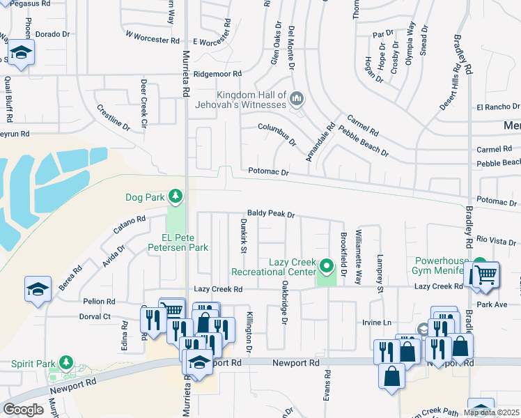 map of restaurants, bars, coffee shops, grocery stores, and more near 26264 Baldy Peak Drive in Menifee