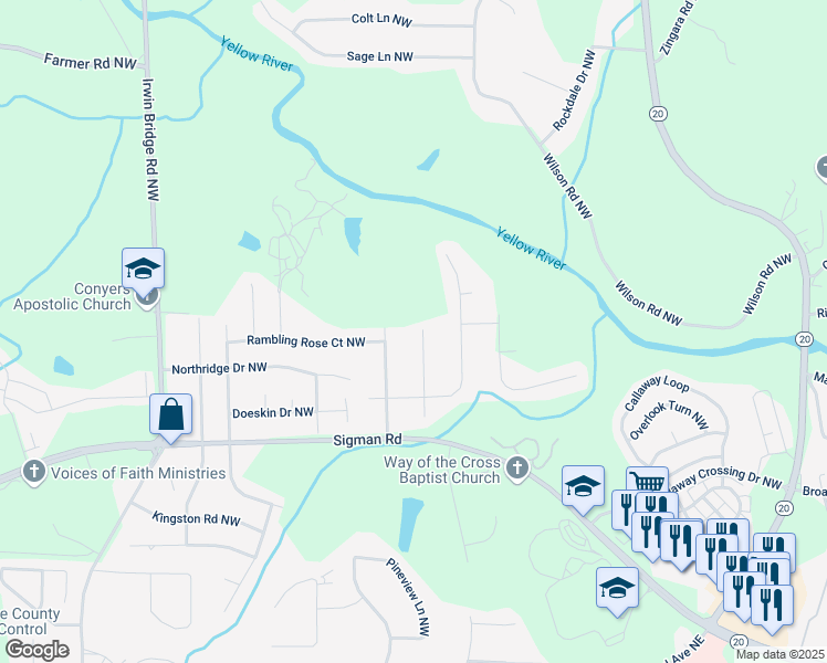 map of restaurants, bars, coffee shops, grocery stores, and more near 1767 Stag Drive Northwest in Conyers