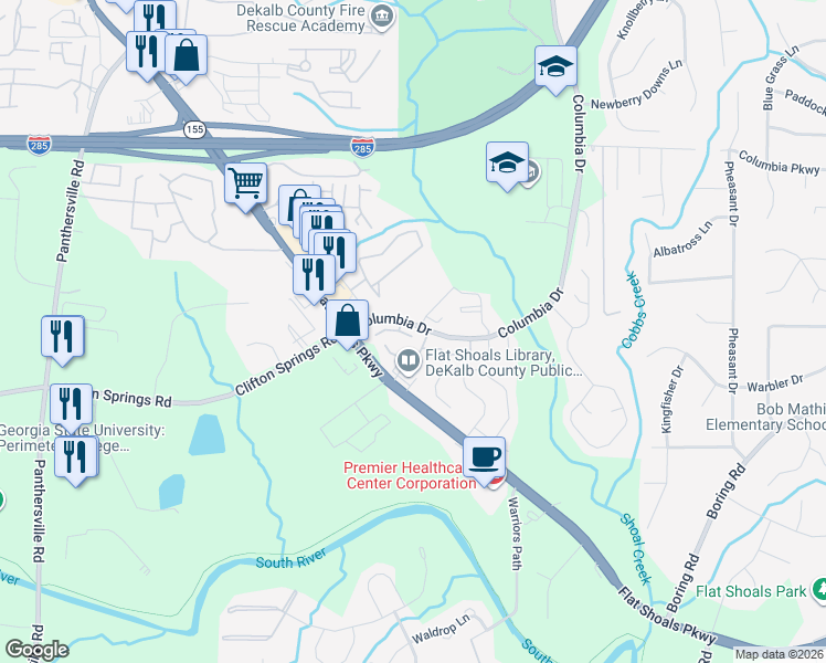 map of restaurants, bars, coffee shops, grocery stores, and more near 3208 Quincetree Lane in Decatur
