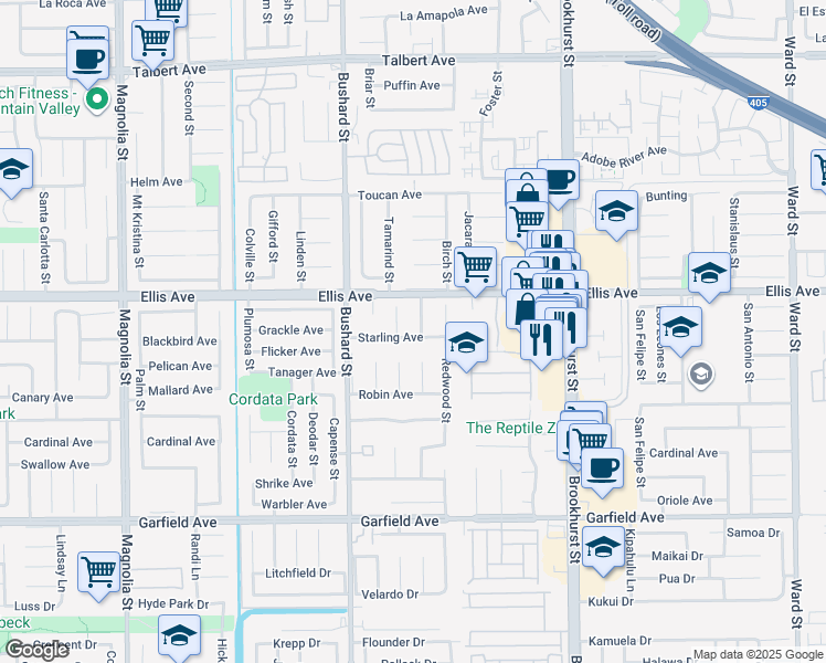 map of restaurants, bars, coffee shops, grocery stores, and more near 18585 Hawthorn Street in Fountain Valley