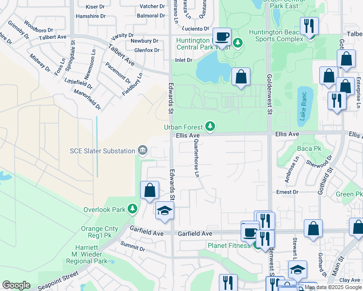 map of restaurants, bars, coffee shops, grocery stores, and more near 6562 Silverspur Lane in Huntington Beach