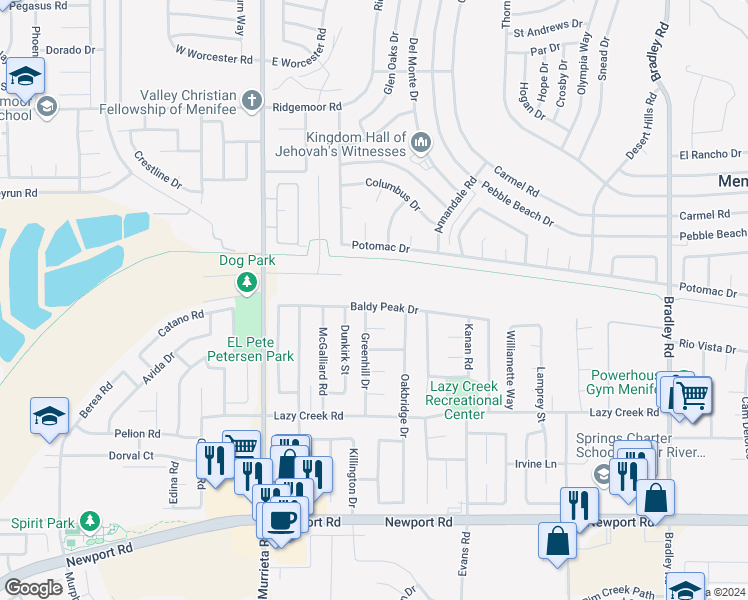 map of restaurants, bars, coffee shops, grocery stores, and more near 26286 Baldy Peak Drive in Menifee