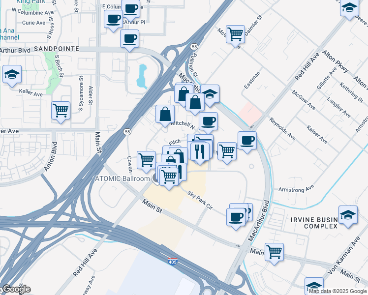 map of restaurants, bars, coffee shops, grocery stores, and more near 17802 Fitch in Irvine