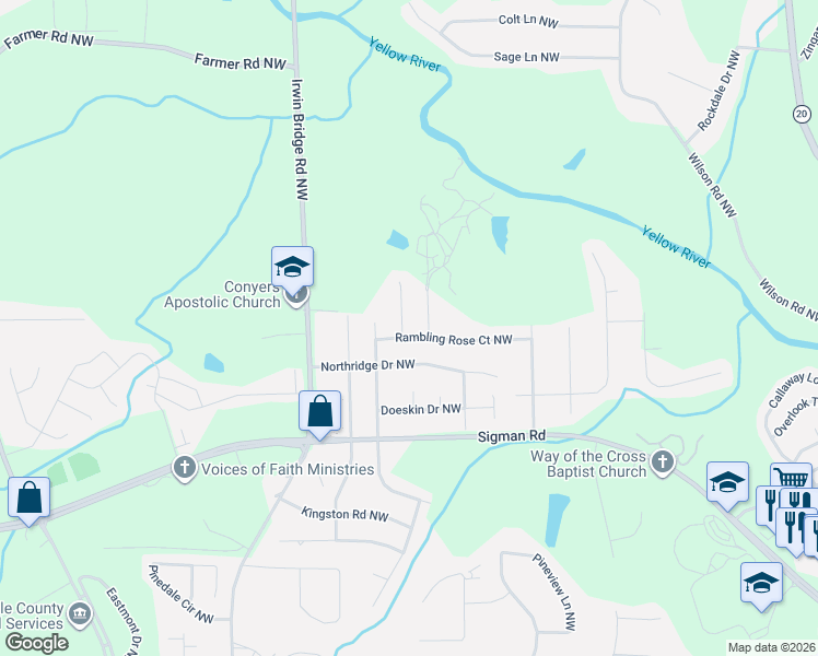 map of restaurants, bars, coffee shops, grocery stores, and more near 1784 Crestridge Circle Northwest in Conyers
