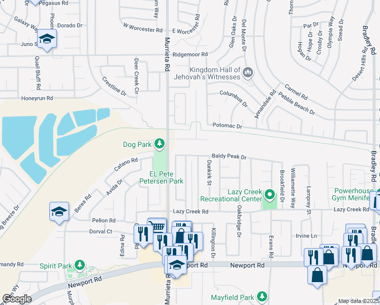map of restaurants, bars, coffee shops, grocery stores, and more near 26120 Baldy Peak Drive in Menifee
