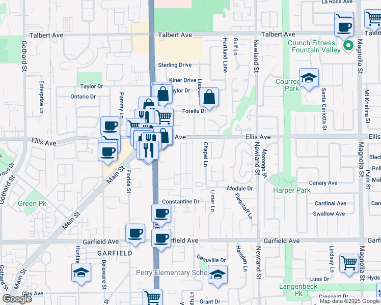 map of restaurants, bars, coffee shops, grocery stores, and more near 18572 Demion Lane in Huntington Beach