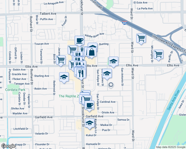map of restaurants, bars, coffee shops, grocery stores, and more near 10067 Los Coyotes Court in Fountain Valley