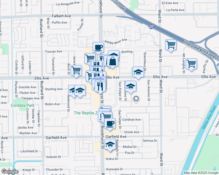 map of restaurants, bars, coffee shops, grocery stores, and more near 18569 San Marcos Street in Fountain Valley