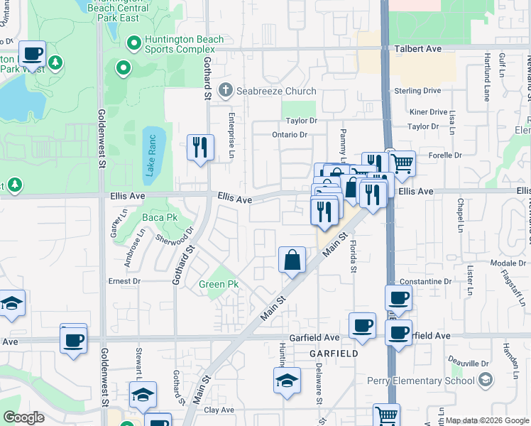 map of restaurants, bars, coffee shops, grocery stores, and more near 7562 Ellis Avenue in Huntington Beach