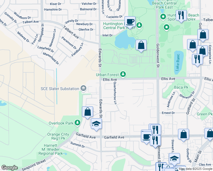 map of restaurants, bars, coffee shops, grocery stores, and more near 6562 Silverspur Lane in Huntington Beach