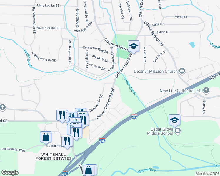 map of restaurants, bars, coffee shops, grocery stores, and more near 2058 Canaan Drive Southeast in Atlanta