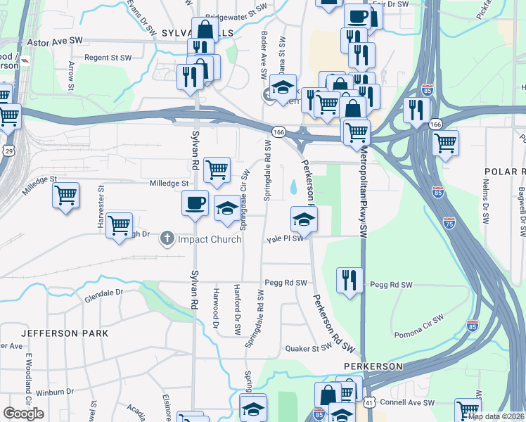 map of restaurants, bars, coffee shops, grocery stores, and more near 2240 Springdale Road Southwest in Atlanta