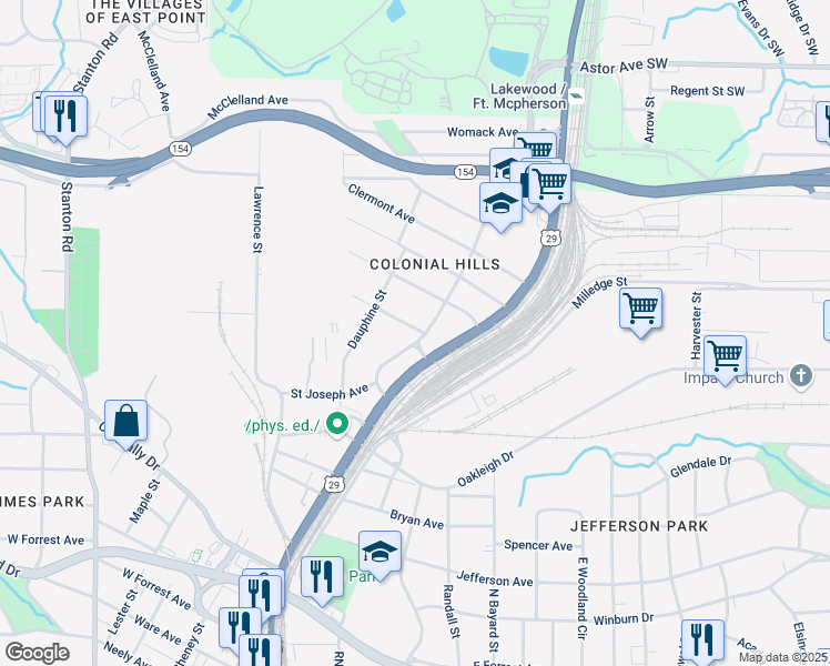 map of restaurants, bars, coffee shops, grocery stores, and more near 2271 Newnan Street in Atlanta